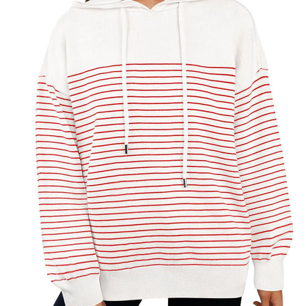 MEROKEETY 2024 Striped Hooded Sweater Pullover Red M