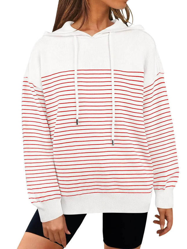 MEROKEETY 2024 Striped Hooded Sweater Pullover Red M
